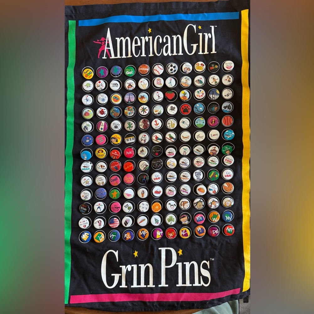 American Girl Grin Pins w/ banner, full banner, 143 pins, no duplicates!